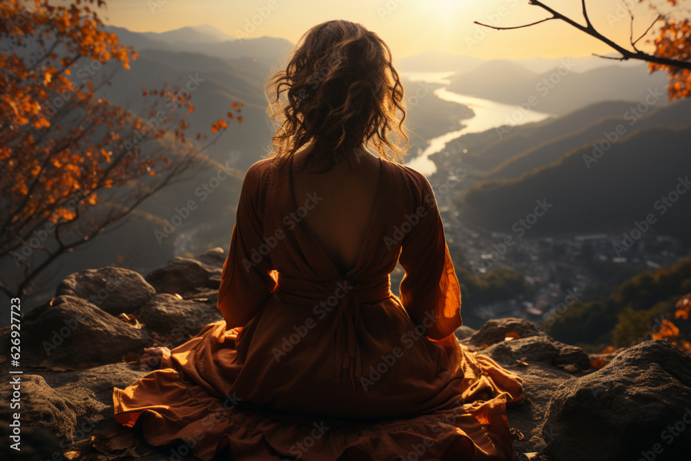 Yoga woman sitting on top of a mountain at sunrise. Mountains in the fog. The view from the back. arms around. Meditation. The balance of psychological life. Appeasement. Generative Ai