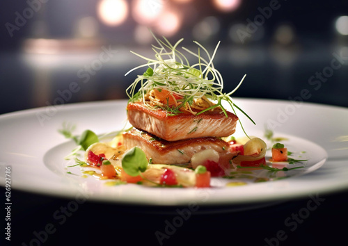 Mediterranean seafood fine dining dish in luxury restaurant.Macro.AI Generative