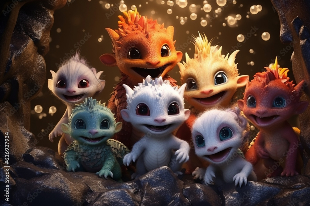 A group photo of the baby dragons in the dragon kindergarten located inside a cave. Cute baby ice and fire dragons looking into the camera. Generated by AI