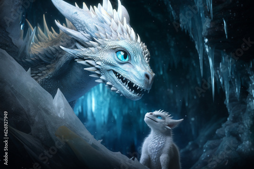 A group photo of the family of ice dragons in the cave. Cute baby ice dragon looking into the camera. Generated by AI © Madrugada Verde