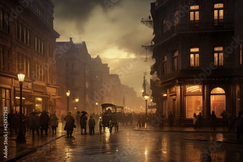 A photo of a city from the 19th century during a cloudy evening. Imagining a busy street from old times. Generated by AI