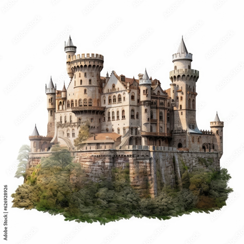 A historic Germanic castle with distinctive architecture and turrets, symbolizing a regal European kingdom, isolated on a white background, generative ai