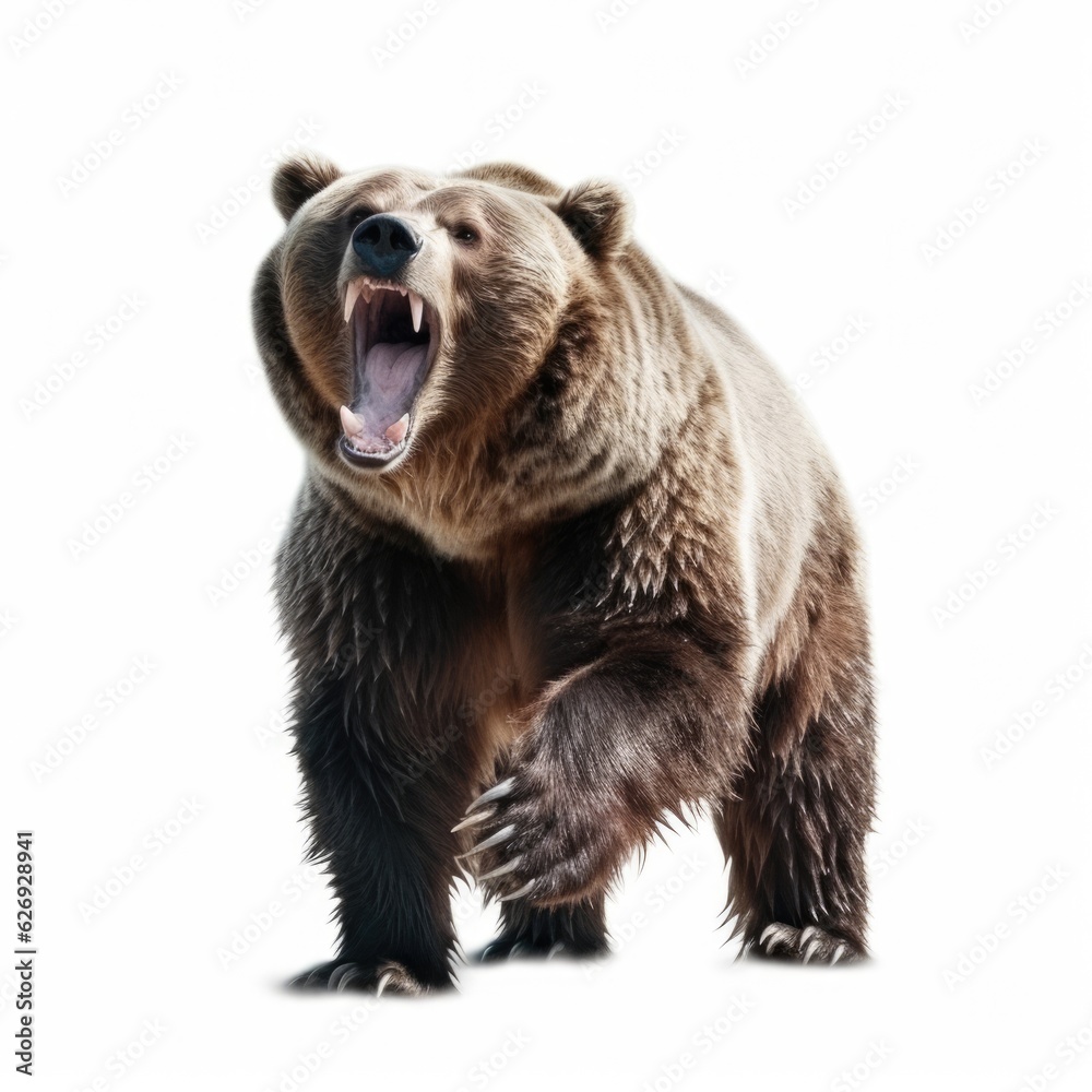 Intimidating brown grizzly bear roaring aggressively, captured isolated on a white background showcasing wild predatory instincts, generative ai - obrazy, fototapety, plakaty 