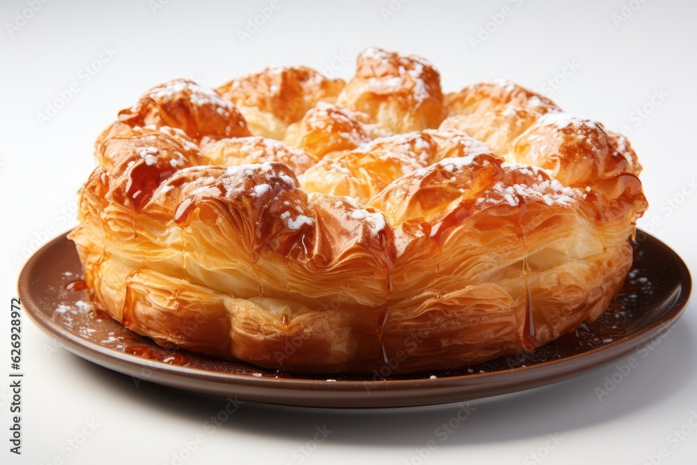 Elegant flaky pastry dessert with creamy filling, its golden crust standing out against an isolated white background, generative ai Elegant flaky pastry dessert with creamy filling, its golden crust standing out against an isolated white background, generative ai
