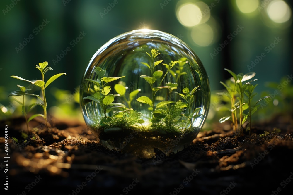 Glass globe encircled by verdant forest flora, symbolizing nature, environment, sustainability, ESG, and climate change awareness, generative ai - obrazy, fototapety, plakaty 