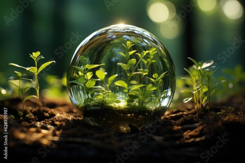 Foto Glass globe encircled by verdant forest flora, symbolizing nature, environment,