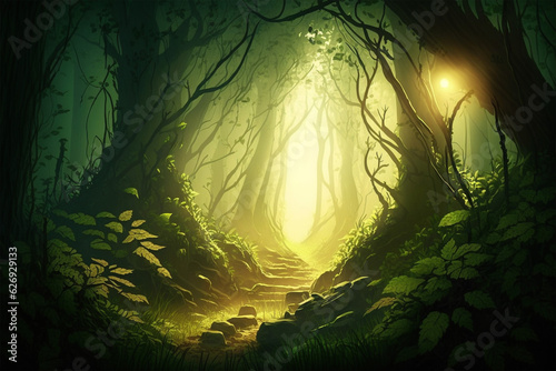 Forest background with sunlight shining down. Generative AI