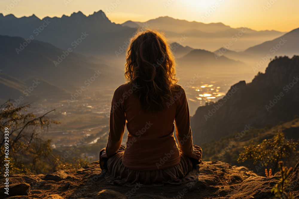 Yoga woman sitting on top of a mountain at sunrise. Mountains in the fog. The view from the back. arms around. Meditation. The balance of psychological life. Appeasement. Generative Ai