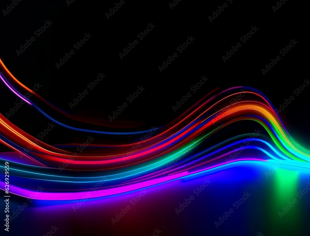 An isolated black background features a 3D render of abstract neon curvy lines. Generated by AI. An isolated black background features a 3D render of abstract neon curvy lines. Generated by AI.