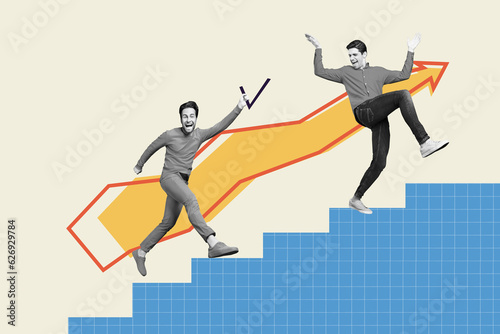 Collage of two young guys office workers running up climbing stairs drawing arrow increase improve results isolated over drawn background © deagreez