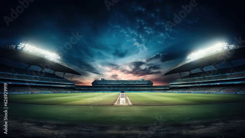 Sport stadium with cricket ball at night as wide backdrop. Generative Ai