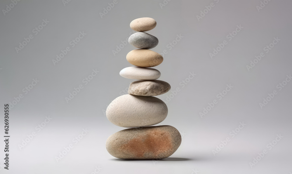Stones balance. Pebbles pyramid on gray background. For banner, book illustration. Created with generative AI tools Stones balance. Pebbles pyramid on gray background. For banner, book illustration. Created with generative AI tools