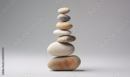 Stones balance. Pebbles pyramid on gray background. For banner, book illustration. Created with generative AI tools