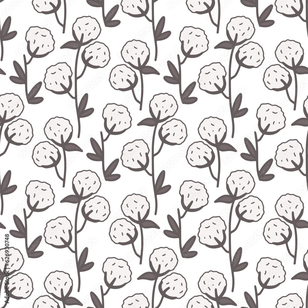 Hand drawn cotton flowers seamless pattern. Background with cotton bolls. Botanical print for textile, paper, packaging and design, vector illustration