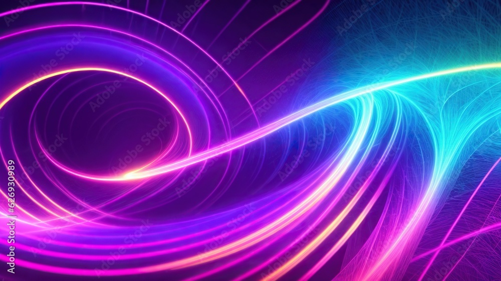 Abstract futuristic background with pink, blue and yellow glowing neon, spiral lines and bokeh Abstract futuristic background with pink, blue and yellow glowing neon, spiral lines and bokeh