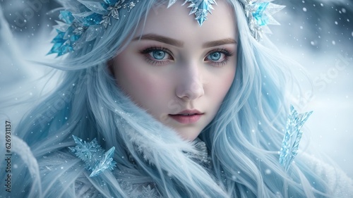 Frozen Enchantress  A girl with ice crystal patterns on her dress. Eyes are an icy blue color.