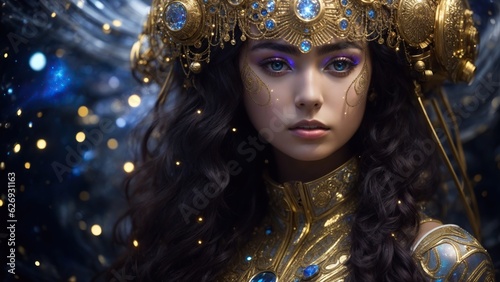 Galactic Girl is dressed in an intergalactic explorer costume, Hair adorned with space jewelry