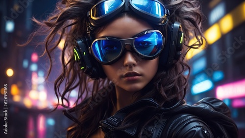 In a futuristic cityscape, a girl with cybernetic wings and aviator goggles.