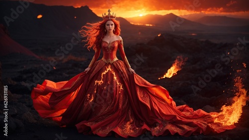 Empress of Fire: Against a volcanic landscape, a girl with flowing crimson hair and burning eyes 