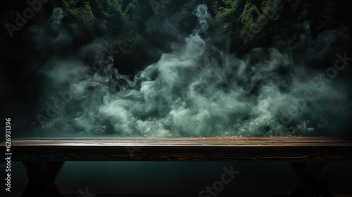 Empty wooden table with smoke float up on dark background. Generative Ai