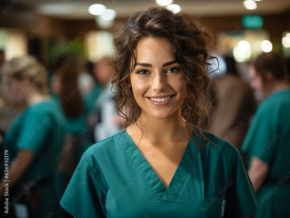 Young nursing student with doctor intern team in scrubs, poised at the hospital Generative ai Young nursing student with doctor intern team in scrubs, poised at the hospital Generative ai