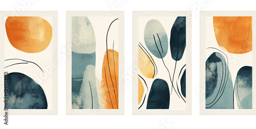 four abstract paintings hanging on a wall with different shapes 