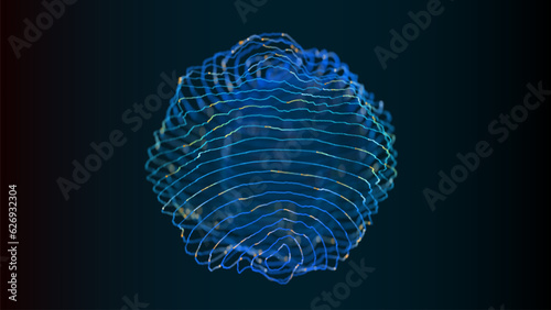 Abstract blue particles sphere from deformed lines. Bright dots background. Sci-Fi surface. Distorted ring waves. HUD element in futuristic style. DOF
