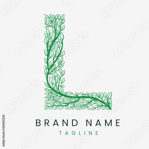 Letter L Tree Branch, Formed From Twigs Leaves Logo Design