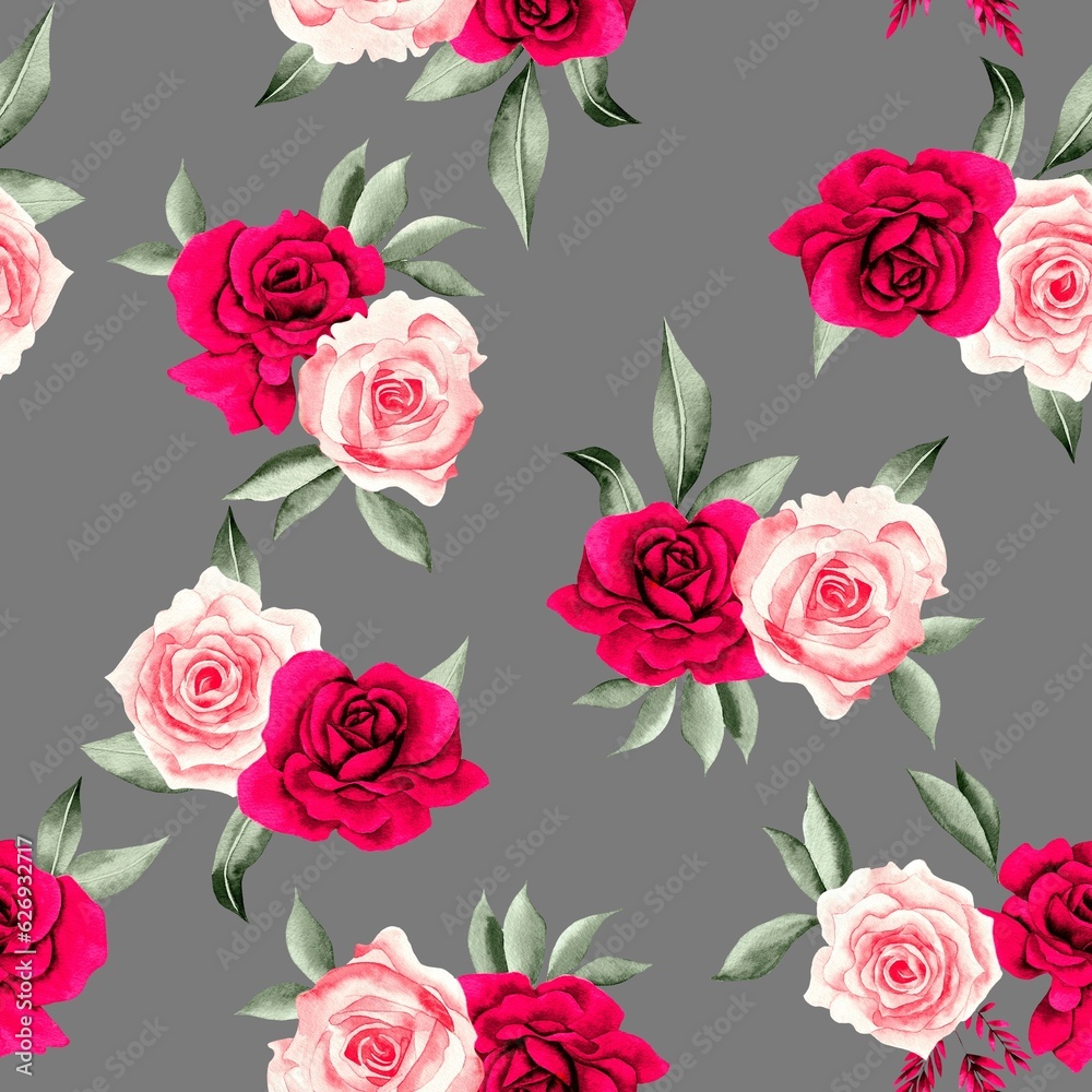Watercolor flowers pattern, pink red tropical elements, green leaves, gray background, seamless