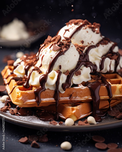Generated photorealistic image of Viennese waffles with vanilla ice cream, cream and chocolate sauce