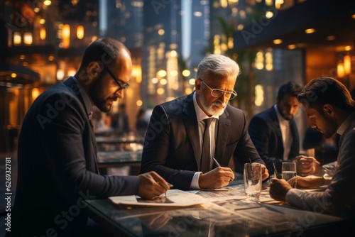 A group of Arab businessmen and businesswomen discussing financial charts and strategies, reflecting teamwork and analysis. Generative AI