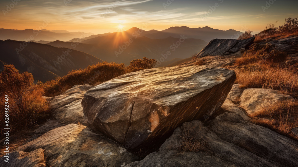 Sunset in the mountains. Landscape with rocks and sun.