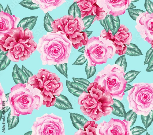 Watercolor flowers pattern  pink tropical elements  green leaves  blue background  seamless