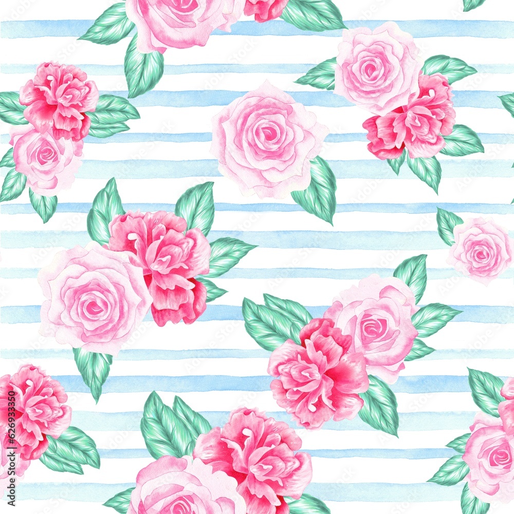 Watercolor flowers pattern, pink tropical elements, green leaves, white and blue stripes background, seamless