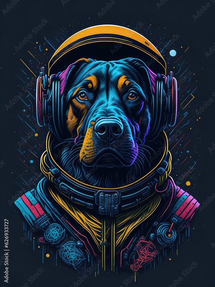 Illustration of a dog wearing headphones and a space suit