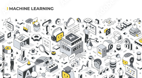 Machine learning. Artificial intelligence, deep learning, decision making and automation. AI technology isometric illustration with tiny people interacting with objects