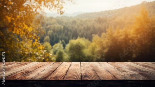 Empty wooden table for product display montages in nature background.