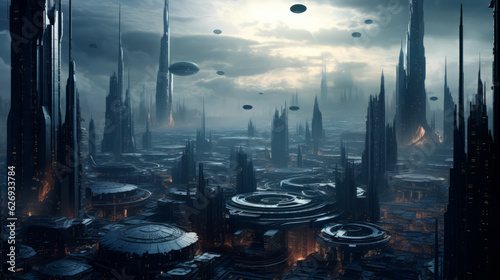 View of a dystopian future showing cityscape with high-tech skyline under a shrouded twilight, futuristic architecture and spheric spaceships stand out against the gloomy skies. Generative AI.