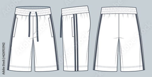 Sweat Shorts technical fashion Illustration. Short Pants fashion technical drawing template, front, side and back view, pocket, striped, elastic waistband, white, women, men, unisex CAD mockup set.