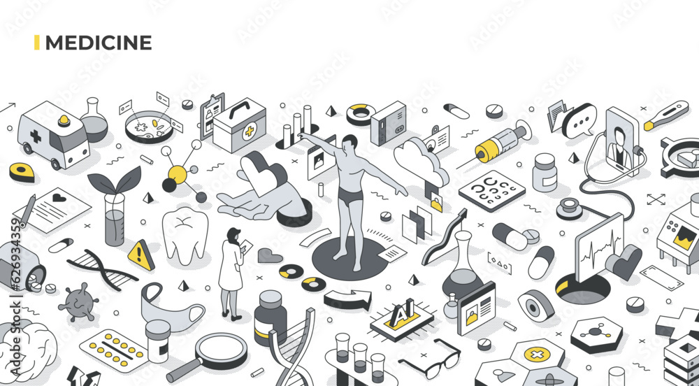 Medicine isometric hero illustration. Innovative technologies for healthcare with AI, biotechnology, advanced treatment via the internet, and cloud-based databases. Medical organization concept