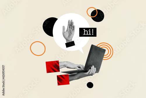 Collage sketch template online conference meeting video meeting hi symbol waving palm greetings laptop isolated on drawing background