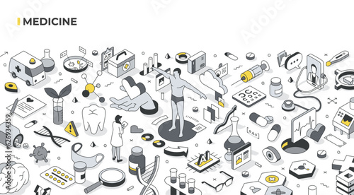 Medicine isometric hero illustration. Innovative technologies for healthcare with AI, biotechnology, advanced treatment via the internet, and cloud-based databases. Medical organization concept photo