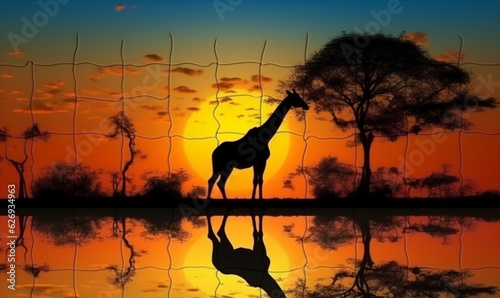 wild safari sunset animal wildlife elephant silhouette africa giraffe nature. Generative AI.