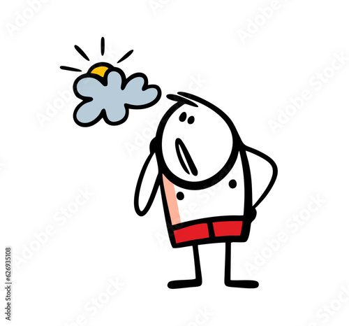 Frustrated stickman looks at the sun in the sky and waits for rain in swimming trunks. Vector illustration of bad weather and spoiled beach holidays.