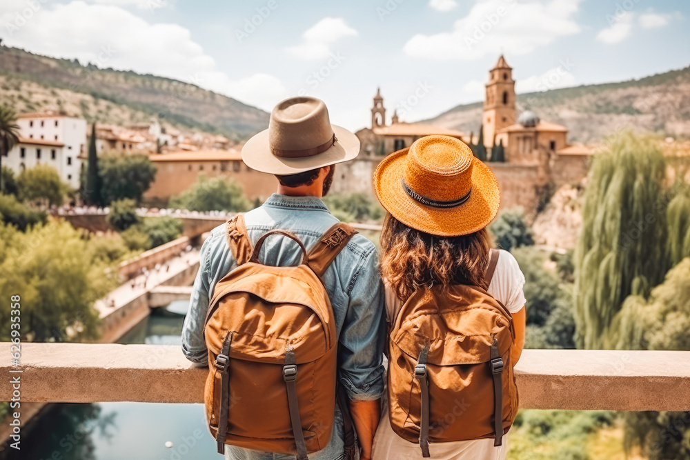Multiethnic couple traveling in Spain in summer. Happy young travelers exploring in city.
