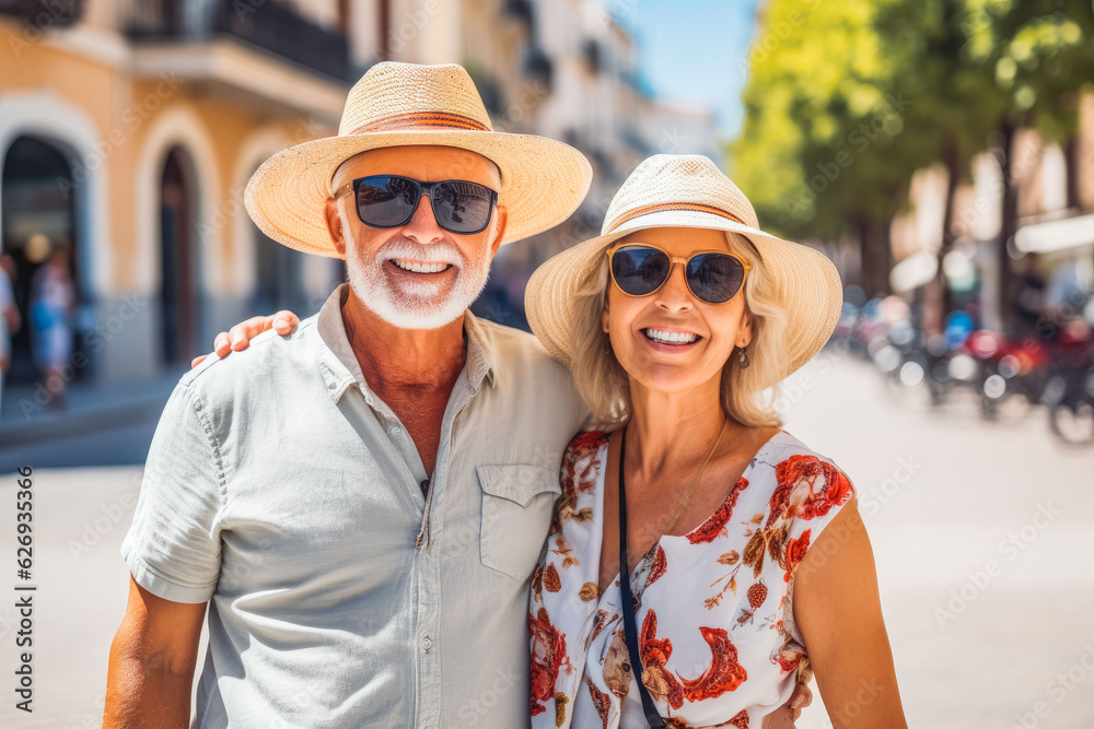 Multiethnic couple traveling in Spain in summer. Happy older travelers exploring in city.