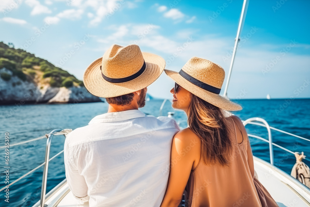 Young couple going on yacht in summer. Happy young travelers going on cruise together.