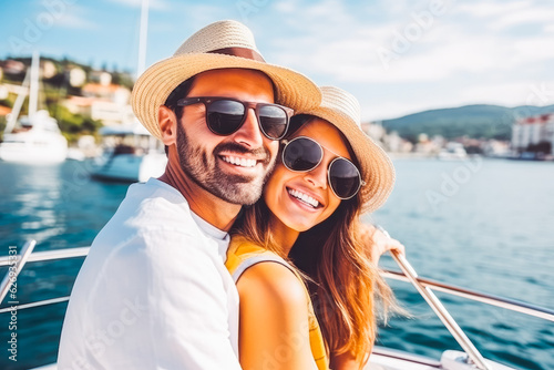 Young multiethnic couple going on yacht in summer. Happy young travelers going on cruise together. © VisualProduction