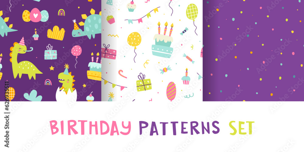 Birthday patterns set with cute dino and festive elements. Dinosaur party seamless vector print collection. Birthday patterns set with cute dino and festive elements. Dinosaur party seamless vector print collection.
