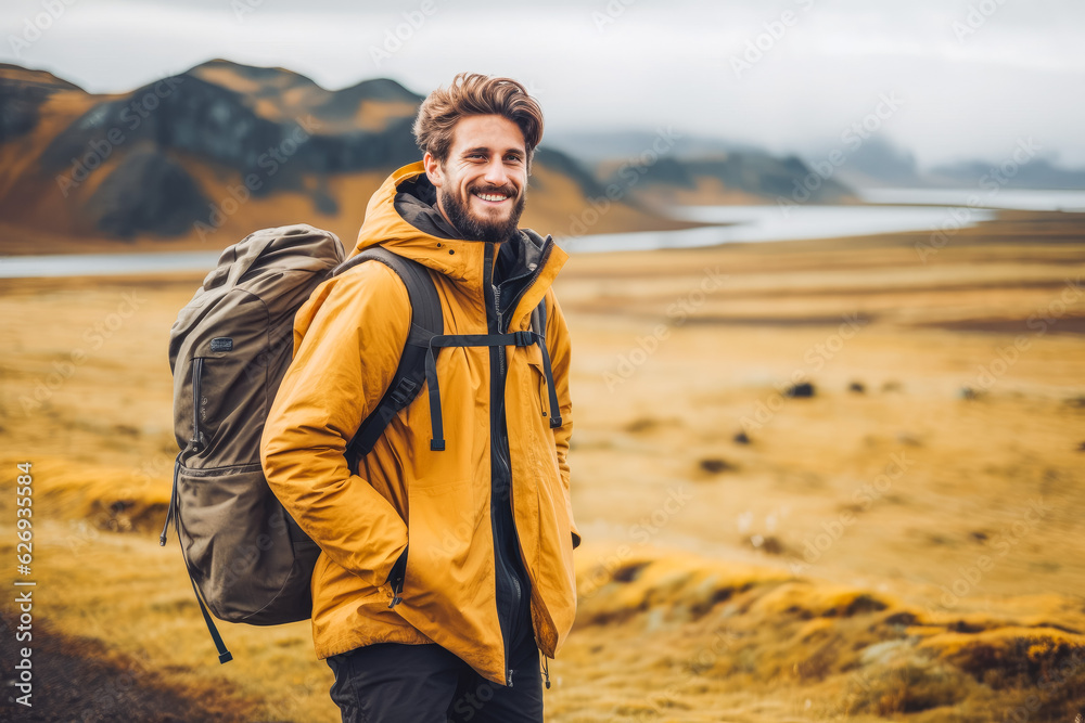 Man traveling in Iceland. Happy young traveler exploring in nature.